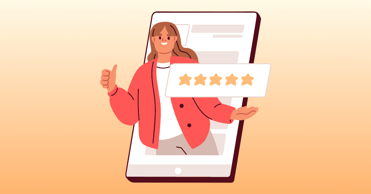 cartoon women icon coming out of phone screen with a 5 star review