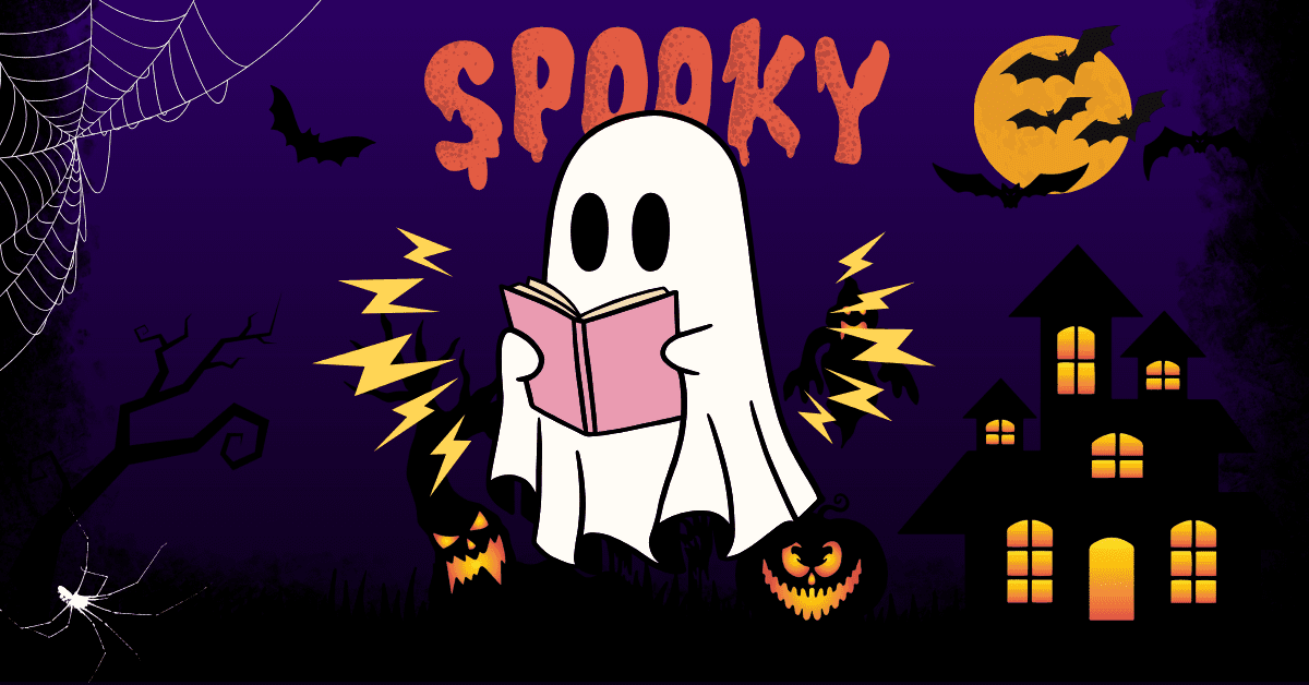 Spooky ghost reading a book with a creepy ai voice on Halloween