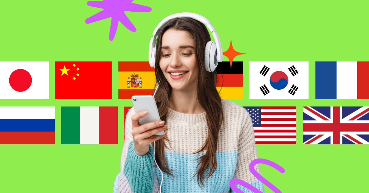 Girl in jumper wearing headphones, watching video on phone available in multilingual subtitles