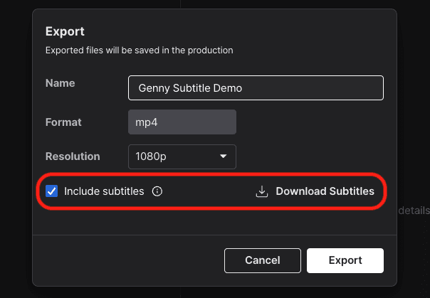 Screenshot showing how to add subtitles showing the options to export SRT file or burn in subtitle in video