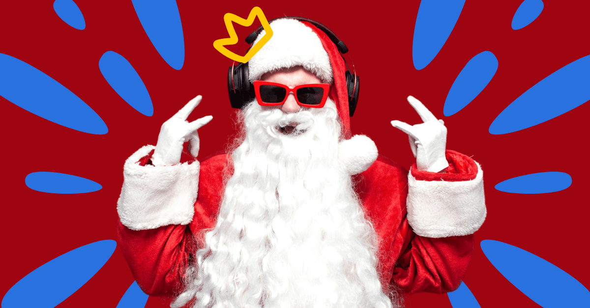 Festive Santa listening to to Christmas music with headphones