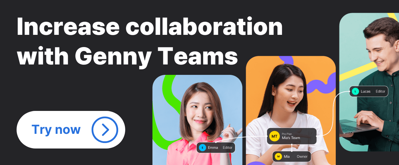 Text reads "Increase collaboration with Genny Teams." There are three team members editing videos collaboratively. oNE woman is wearing a pink shirt, the other woman is in a white t-shirt, and the man in a green shirt.