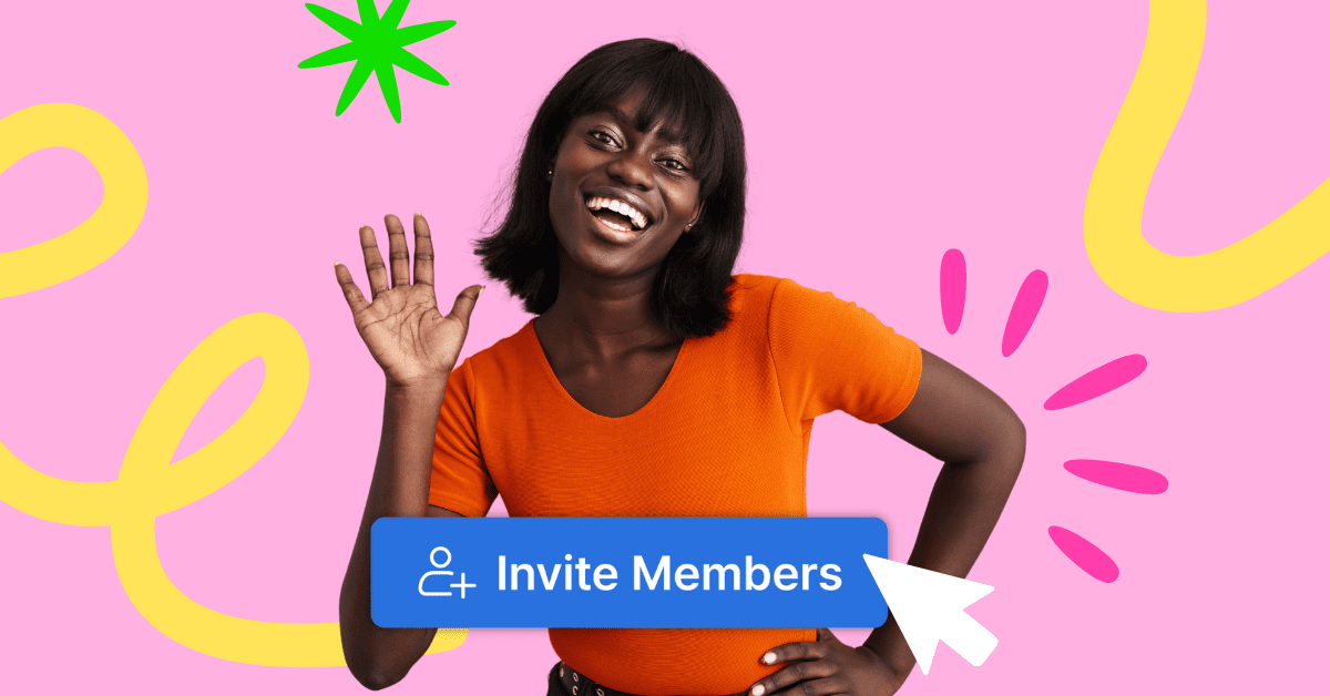 A woman in an orange top is waving hello. A blue "invite members" button is infront of her with a white mouse pointer.