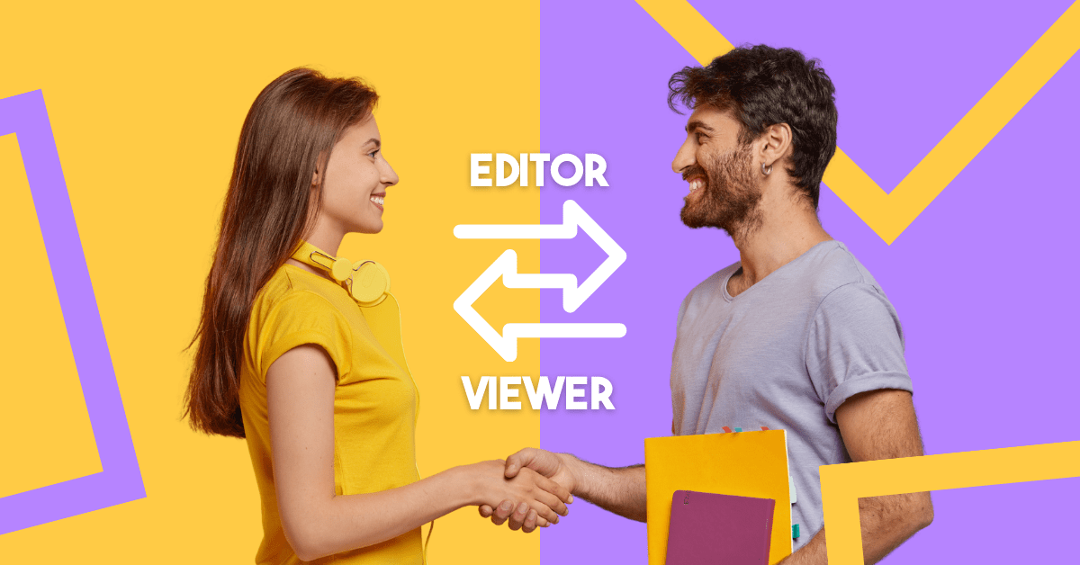 Woman in yellow t-shirt with yellow headphones shaking hands with a guy in a grey t-shirt who are editing videos collaboratively.