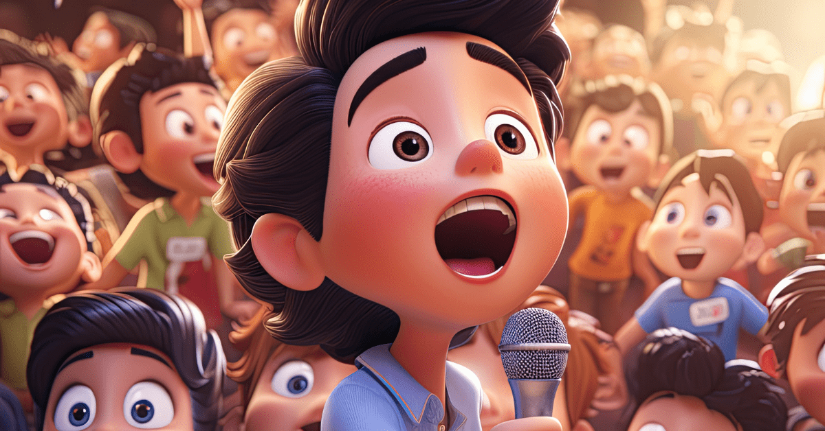 Illustrated image of anime of a scene of characters singing